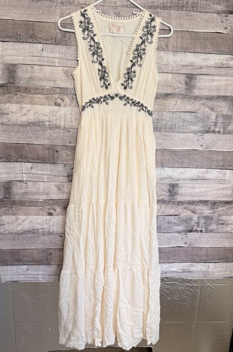 Audrey Parks Francescas Cream Black Embroidered V-Neck Boho Maxi Dress XS